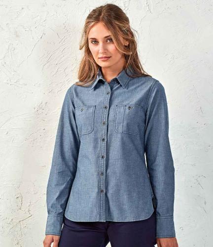 Premier Ladies Organic Fairtrade Long Sleeve Chambray Shirt - IDM - M
